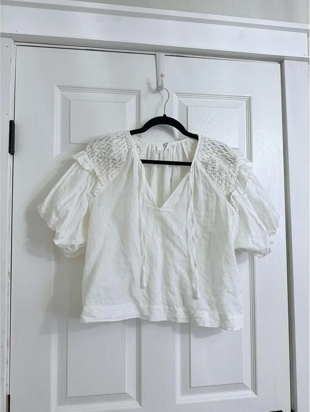Anthropologie Self Contrast Smocked Linen Blouse-White-XL